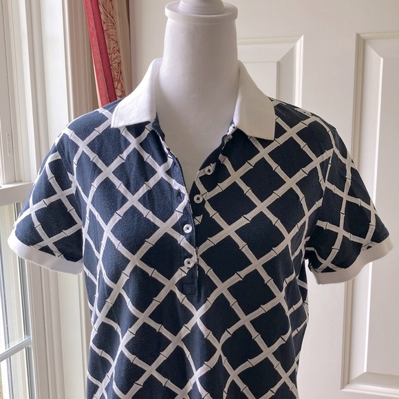 Brooks Brothers Women’s Polo Shirt Navy Blue & White Bamboo Pattern Size M - Picture 2 of 10